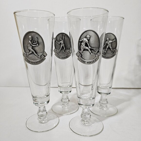 Set of 4 Pilsner Beer Glasses with Tennis Theme Pewter Medallions by Fort - 1970 - Picture 7 of 7